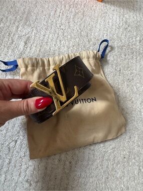 Louis Vuitton Brown Monogram LV Initials  reversible Belt with Gold Buckle